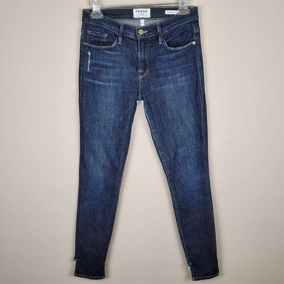 FRAME Size 27 Le Skinny De Jeanne Jeans Crown Heights Dark Blue Step Hem - Picture 2 of 12